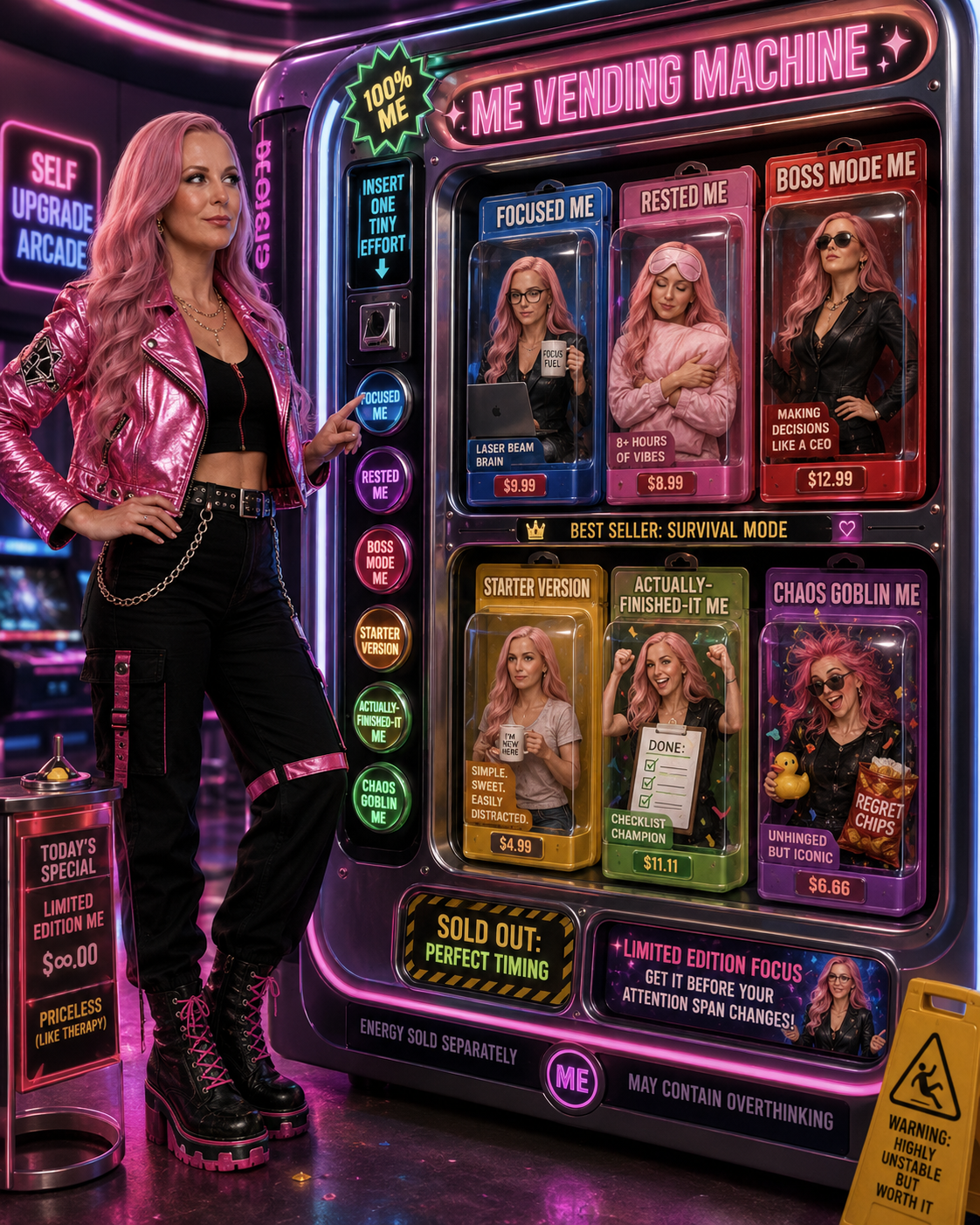 Example image of a person beside a colourful futuristic vending machine filled with different versions of themselves.